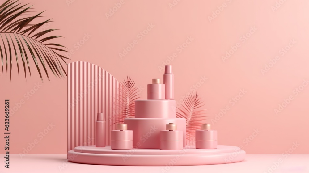 Pink podium with cosmetics Pink podium with cosmetics