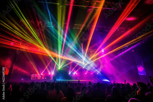Colorful flashy laser beams on a live stage, Generative AI photo