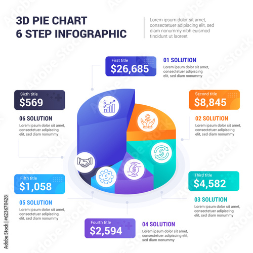 3D Pie Chart 6 Step Infographic