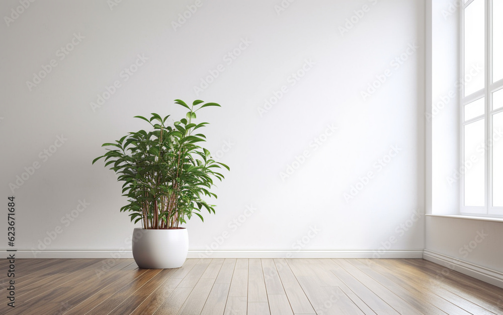 Empty white room interior with plant pot on a wooden floor Empty white room interior with plant pot on a wooden floor