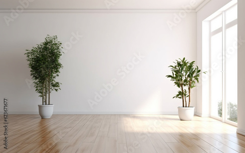 Empty white room interior with plant pot on a wooden floor