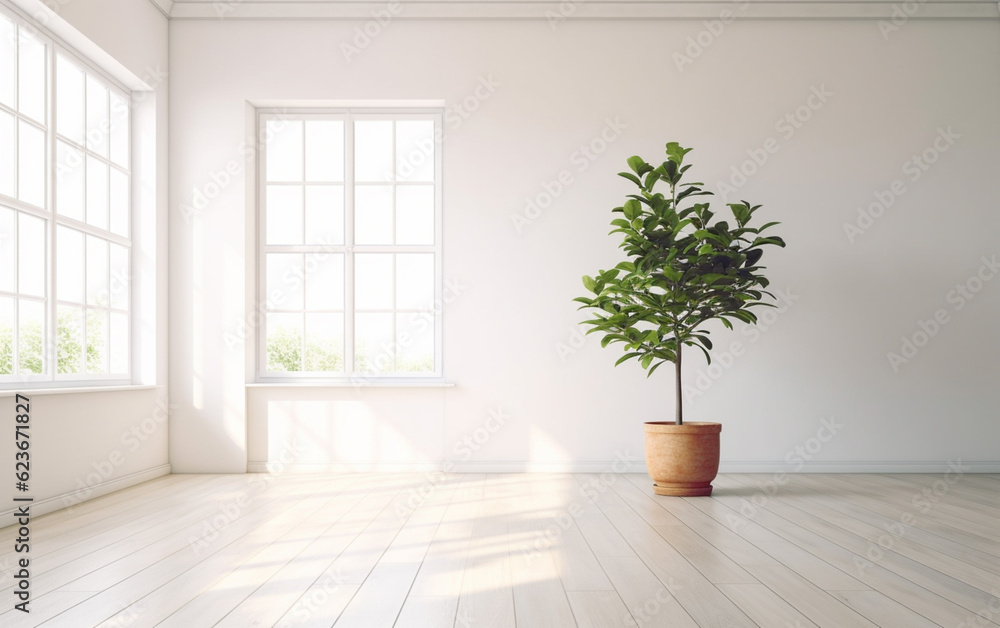Empty white room interior with plant pot on a wooden floor Empty white room interior with plant pot on a wooden floor