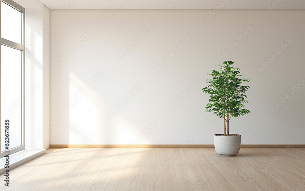 Empty white room interior with plant pot on a wooden floor Empty white room interior with plant pot on a wooden floor