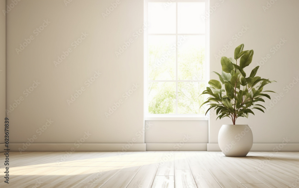 Empty white room interior with plant pot on a wooden floor Empty white room interior with plant pot on a wooden floor