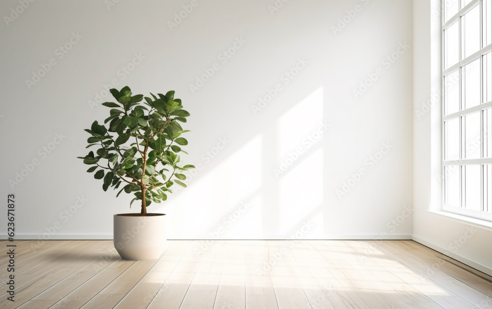 Empty white room interior with plant pot on a wooden floor Empty white room interior with plant pot on a wooden floor