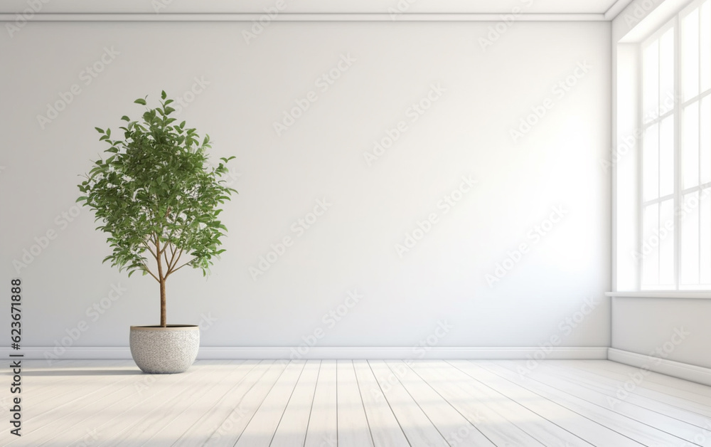 Empty white room interior with plant pot on a wooden floor Empty white room interior with plant pot on a wooden floor