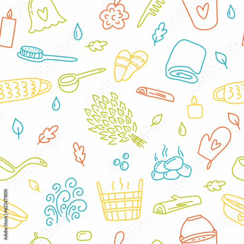 Vector pattern of elements for sauna and bathhouse, hand-drawn in doodle style.