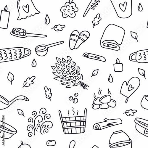 Vector pattern of elements for sauna and bathhouse, hand-drawn in doodle style.
