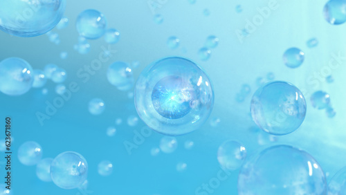3D rendering Cosmetics Blue Serum bubbles on a blurry background. Bubbles of collagen design. a concept for serums and moisturizing essentials. Concept of vitamins for beauty and health. 