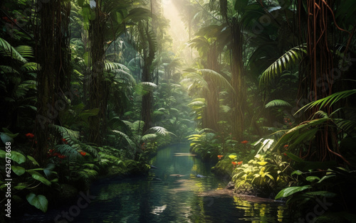 Mysterious tropical rainforest glows with lush greenery © MUS_GRAPHIC