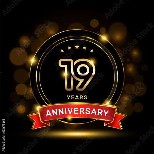 19 year anniversary logo with a gold emblem shape and red ribbon, logo template vector