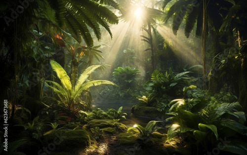 Mysterious tropical rainforest glows with lush greenery