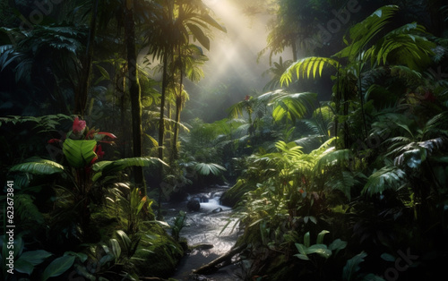 Mysterious tropical rainforest glows with lush greenery