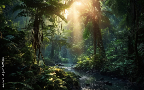 Mysterious tropical rainforest glows with lush greenery