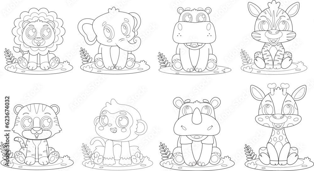 Outlined Cute Baby Safari Animal Cartoon Characters. Vector Hand Drawn Collection Set Isolated On Transparent Background