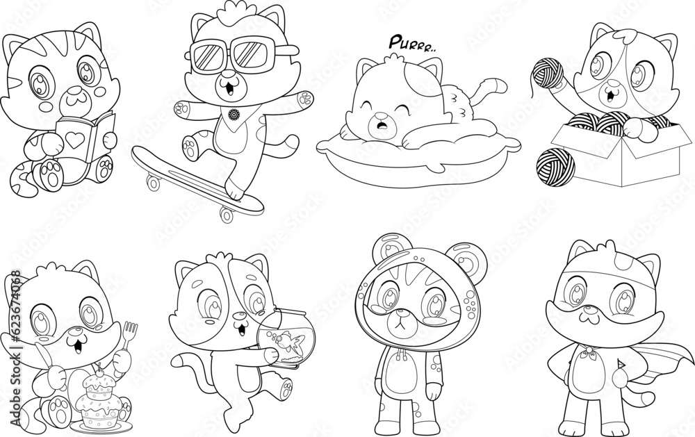 Outlined Cute Baby Cats Cartoon Characters. Vector Hand Drawn Collection Set Isolated On Transparent Background