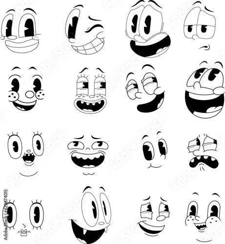 Outlined Retro Cartoon Funny Faces 30s, 50s, 60s Vintage Old Animation Style. Vector Hand Drawn Collection Set Isolated On Transparent Background