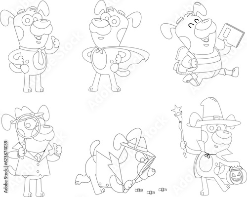 Outlined Cute Dog Cartoon Character. Vector Hand Drawn Collection Set Isolated On Transparent Background