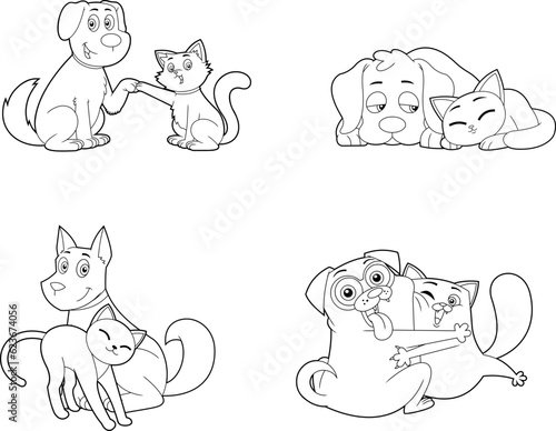 Outlined Dog And Cat Cartoon Characters Together. Vector Hand Drawn Collection Set Isolated On Transparent Background