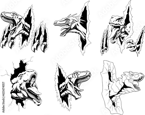 Outlined Dinosaurs Mascot Graphic Design. Vector Hand Drawn Collection Set Isolated On Transparent Background