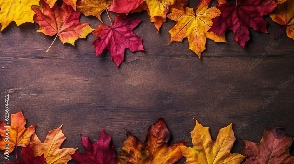 Yellow and red autumn leaves of trees on a wooden background, autumn background, copy space. Generative AI Yellow and red autumn leaves of trees on a wooden background, autumn background, copy space. Generative AI