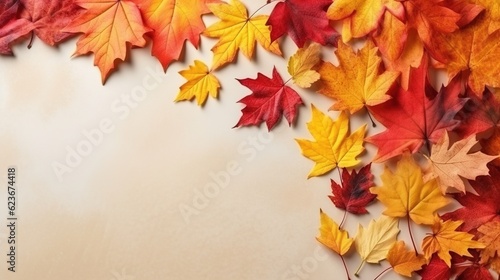 Yellow and red autumn leaves of trees on a light background  autumn background  copy space. Generative AI