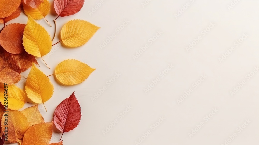 Obraz premium Yellow and red autumn leaves of trees on a light background, autumn background, copy space. Generative AI