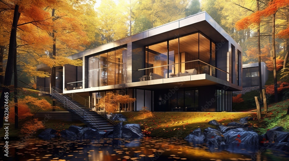 a house in an autumn forest, red and yellow colors of nature. Generative AI a house in an autumn forest, red and yellow colors of nature. Generative AI