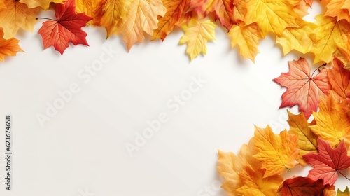 Yellow and red autumn leaves of trees on a light background, autumn background, copy space. Generative AI