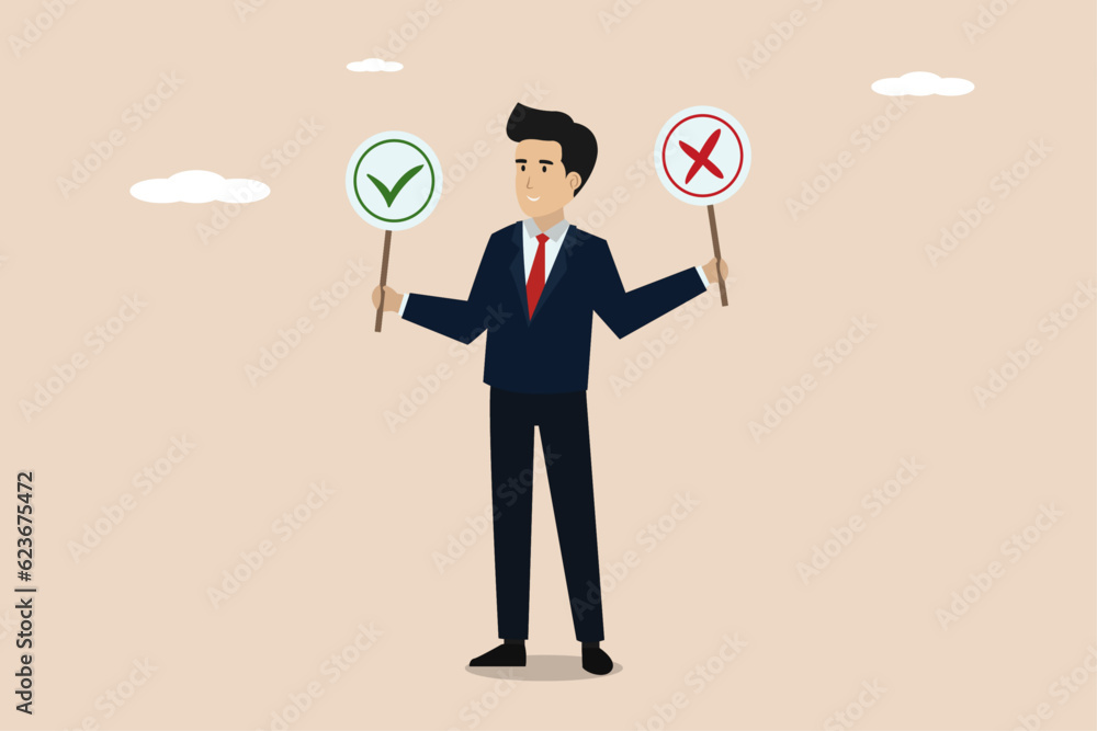 Business decision right or wrong, true or false, correct and incorrect, moral choosing option concept, thoughtful businessman holding right or wrong of left and right hand while making decision. Business decision right or wrong, true or false, correct and incorrect, moral choosing option concept, thoughtful businessman holding right or wrong of left and right hand while making decision.
