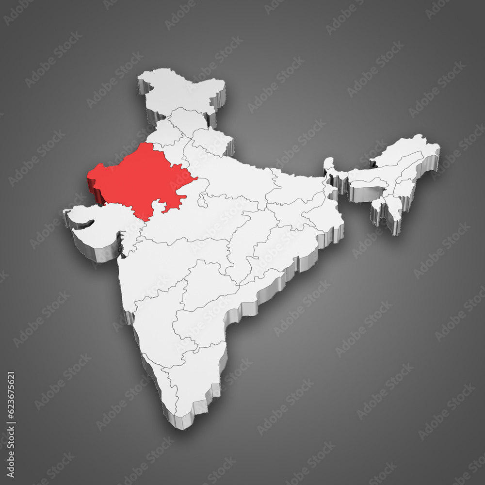 Fototapeta premium Rajasthan state location within India map. 3D Illustration