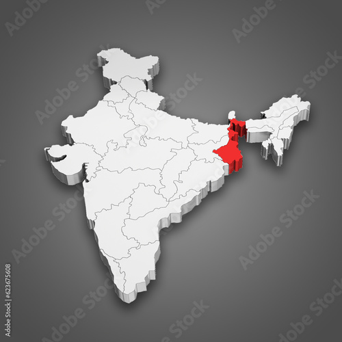 West Bengal state location within India map. 3D Illustration