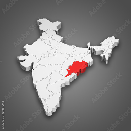 Odisha state location within India map. 3D Illustration