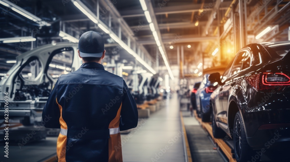 Naklejka premium Rear view of automotive mechanic repairman look car condition in garage. Vehicle service male work in mechanics workshop. Generative Ai