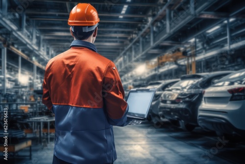 Male Mechanic Uses a Tablet Computer with an Augmented Reality Diagnostics Software. Specialist Inspecting Car