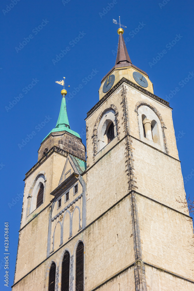 Towers of the historic St. John church in Magdeburg, Germany