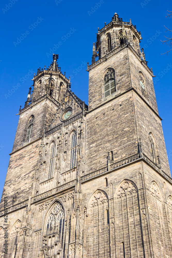 Towers of the historic Dom church in Magdeburg, Germany