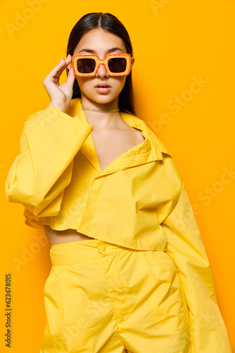 woman girl attractive fashion lifestyle young yellow trendy creative beautiful sunglasses
