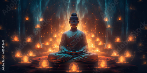 Buddha Statue with Burning Background" "Flaming Buddha Statue PNG" "Fiery Background with Buddha Sculpture" AI Generated