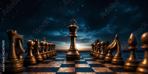 Tableau sur toile Chess pieces on chessboard with city background
Cityscape with chess pieces on c