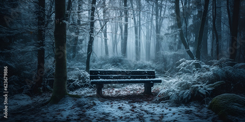 Dark Night Beech Forest Bench View" "Isolated Bench in Night Beech Forest" "Scenic Bench View in Dark Night Forest" AI Generated