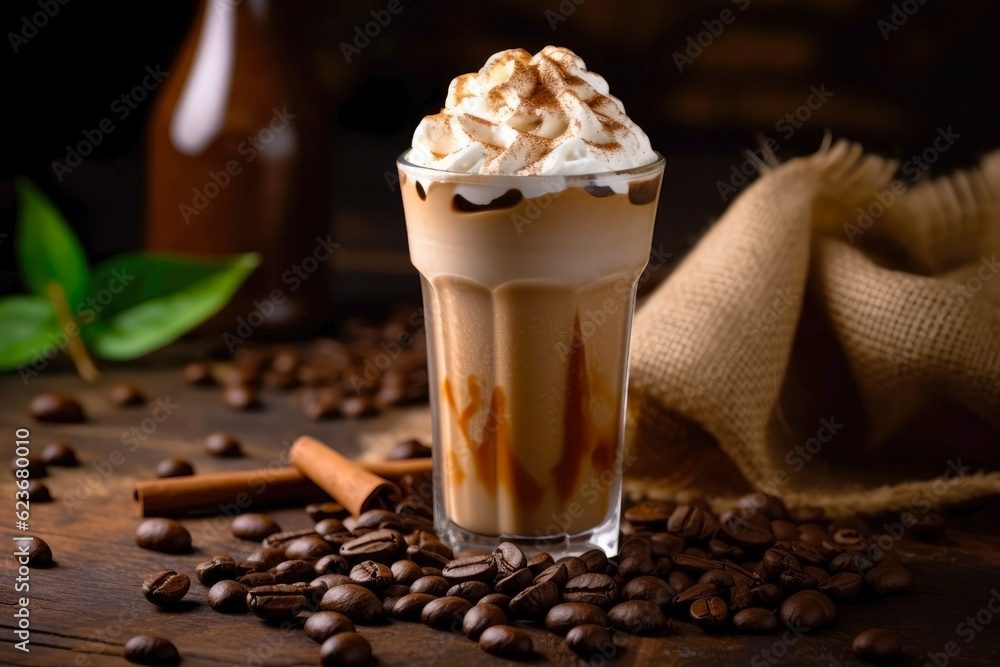 Iced coffee with whipped cream, cinnamon and coffee beans on a wooden table. Generative AI. Iced coffee with whipped cream, cinnamon and coffee beans on a wooden table. Generative AI.