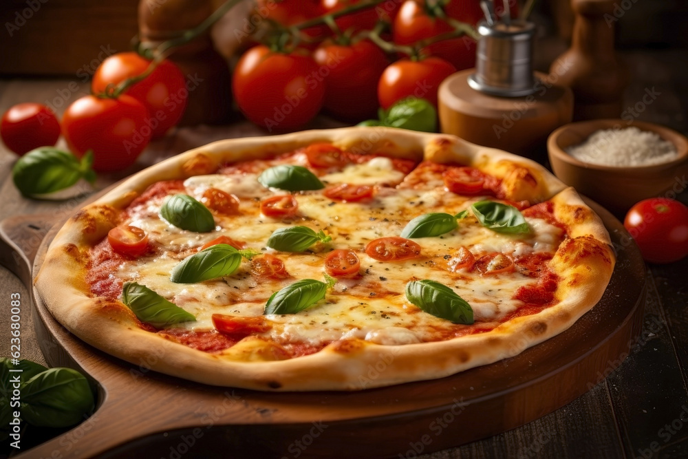 Pizza Margherita with crispy sides on a wooden base with mozzarella cheese, tomatoes and basil. Generative AI. Pizza Margherita with crispy sides on a wooden base with mozzarella cheese, tomatoes and basil. Generative AI.