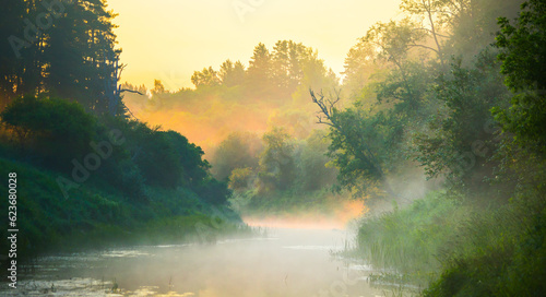 Golden Dawn: Majestic Misty Sunrise over a River Landscape in Northern Europe