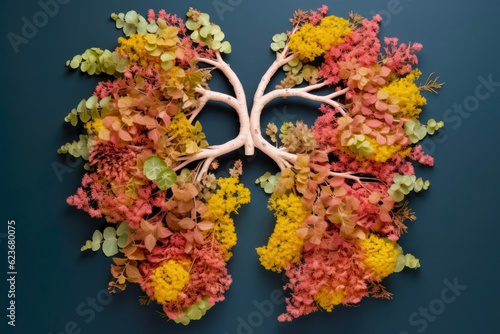 Lungs made of flowers on a dark blue background. The concept of health. Generative AI.