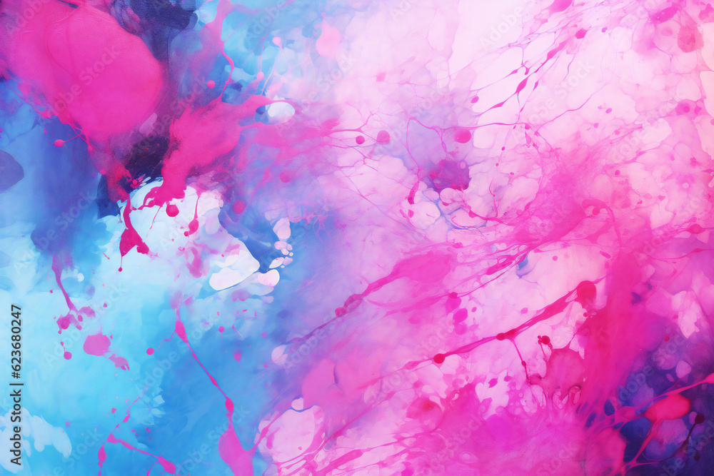Radiant fusion of pink paint splatters on cloud-like radiant blue and pink water painting