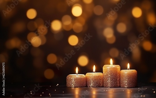 Romantic golden candles on wooden table with blurred sparkling bokeh background. Christmas lights. Copy space