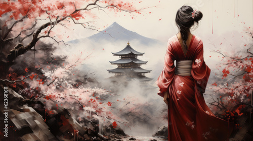 geisha on the background of Mount Fuji.