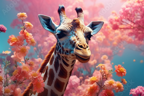 Giraffe in flowers. Animal portrait in pink bouquets  creative illustration