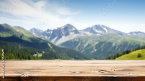 Wood table top on blur hill mountain a sunrise nature background  landscape with desk plank can be used for display your products. Generative Ai.